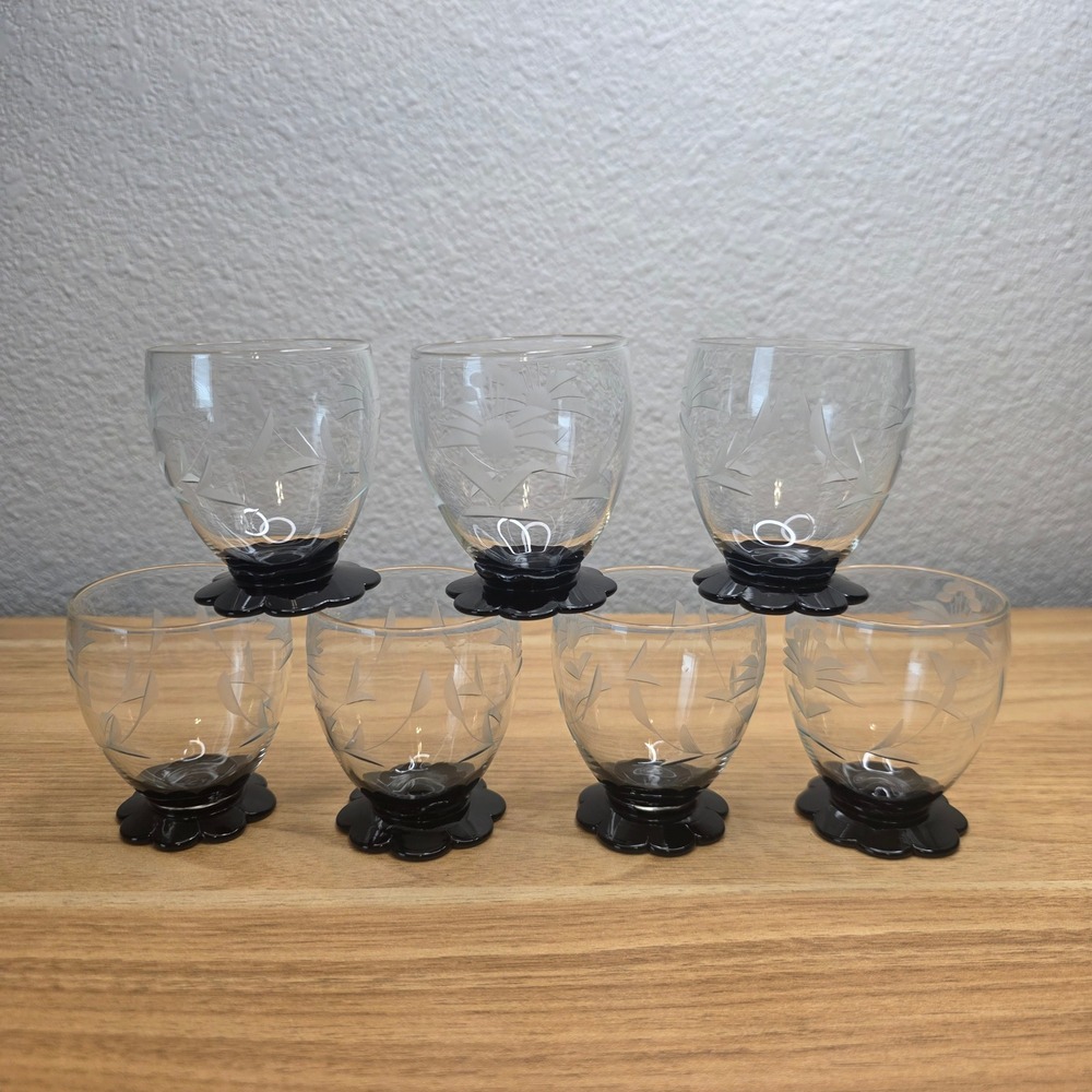 Rare 7 Weston Black Lily Pad Foot Base Cordial Art Deco Glasses Etched Floral